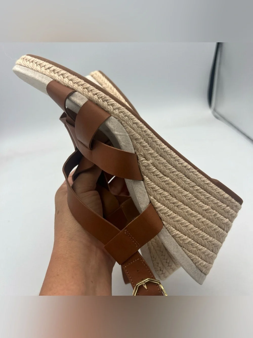 COLE HAAN Crystal Brown Espadrille Strappy Wedge Sandals Women’s Size 9 New